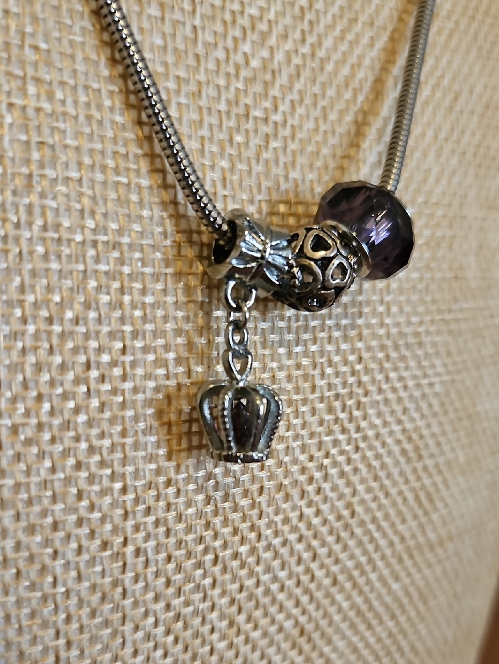 Silver-tone Crown Charm Necklace with Purple Bead